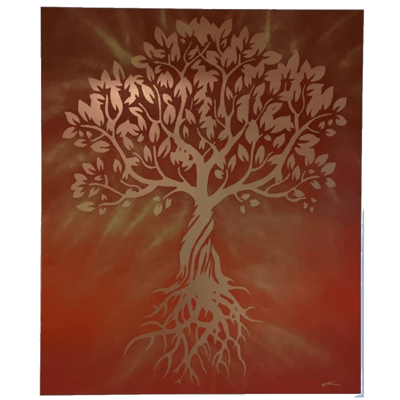 Toile arbre de vie peinte à la bombe avec peinture métallisée