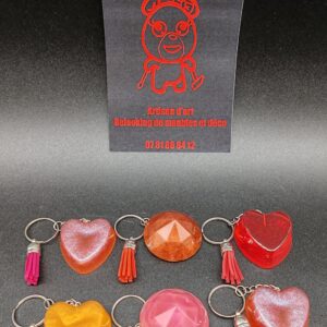 porte-clé-coeur-diamant-résine-epoxy-rose-holographique-rouge-cuivré-cristal-jaune-doré-pompon-rose-rouge-orange-violet-jaune