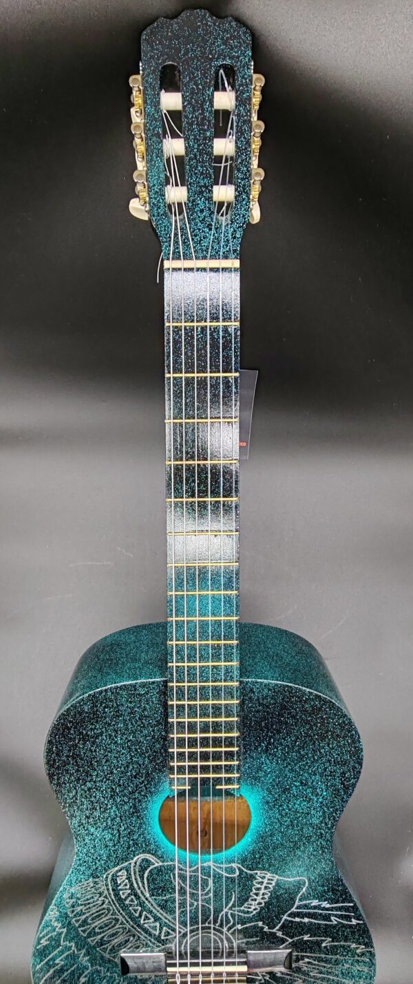 guitare-classic-classique-customisée-custom-indian-skull-noir-bleu-canard-chrome-brillant