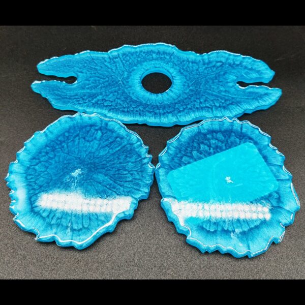 kit-apéro-support-bouteille-support-verres-sous-verres-résine-epoxy-bleu